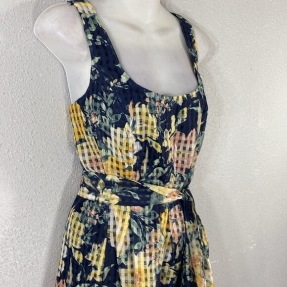 NWT Anne Klein navy floral belted check square fit and flare dress 8 UU10 - Picture 6 of 14